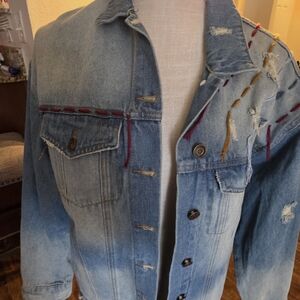 Three Bird Nest Blue Jean Jacket with Embroidered Accents
